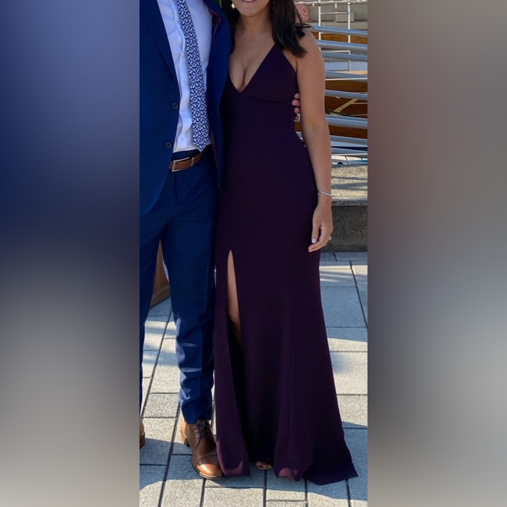 Dress the Population Iris Slit Crepe Gown in Plum Color